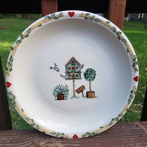Thomson Pottery Round 12.5" Serving Platter / Plate - Birdhouse/Spring Design